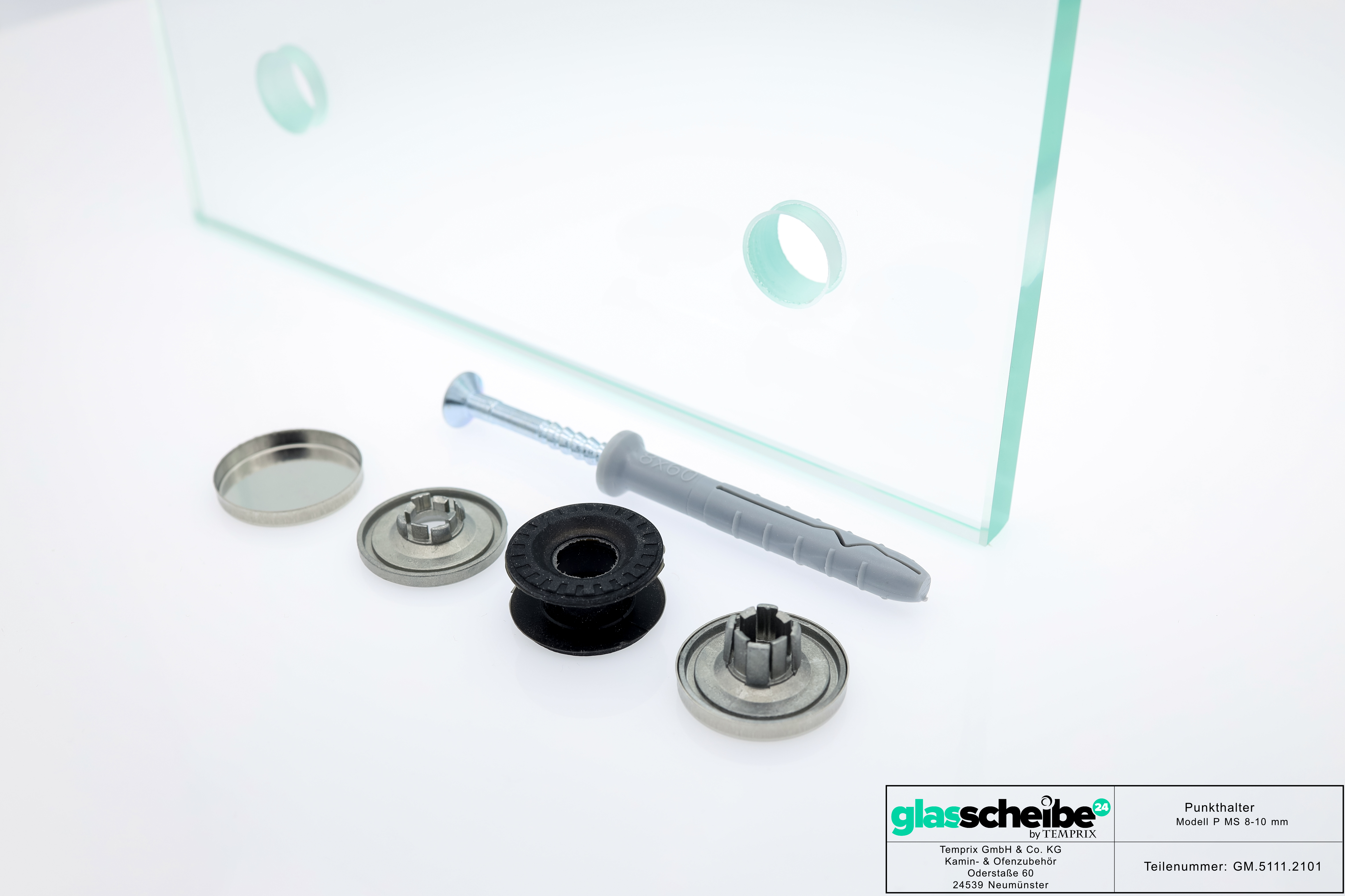 Wandhalter Punto für 8-10mm Glasplatten mit Wandabstand  (Zubehör: Schraube und Dübel, Abstand: 3,2 mm, Größe: 8-10 mm)