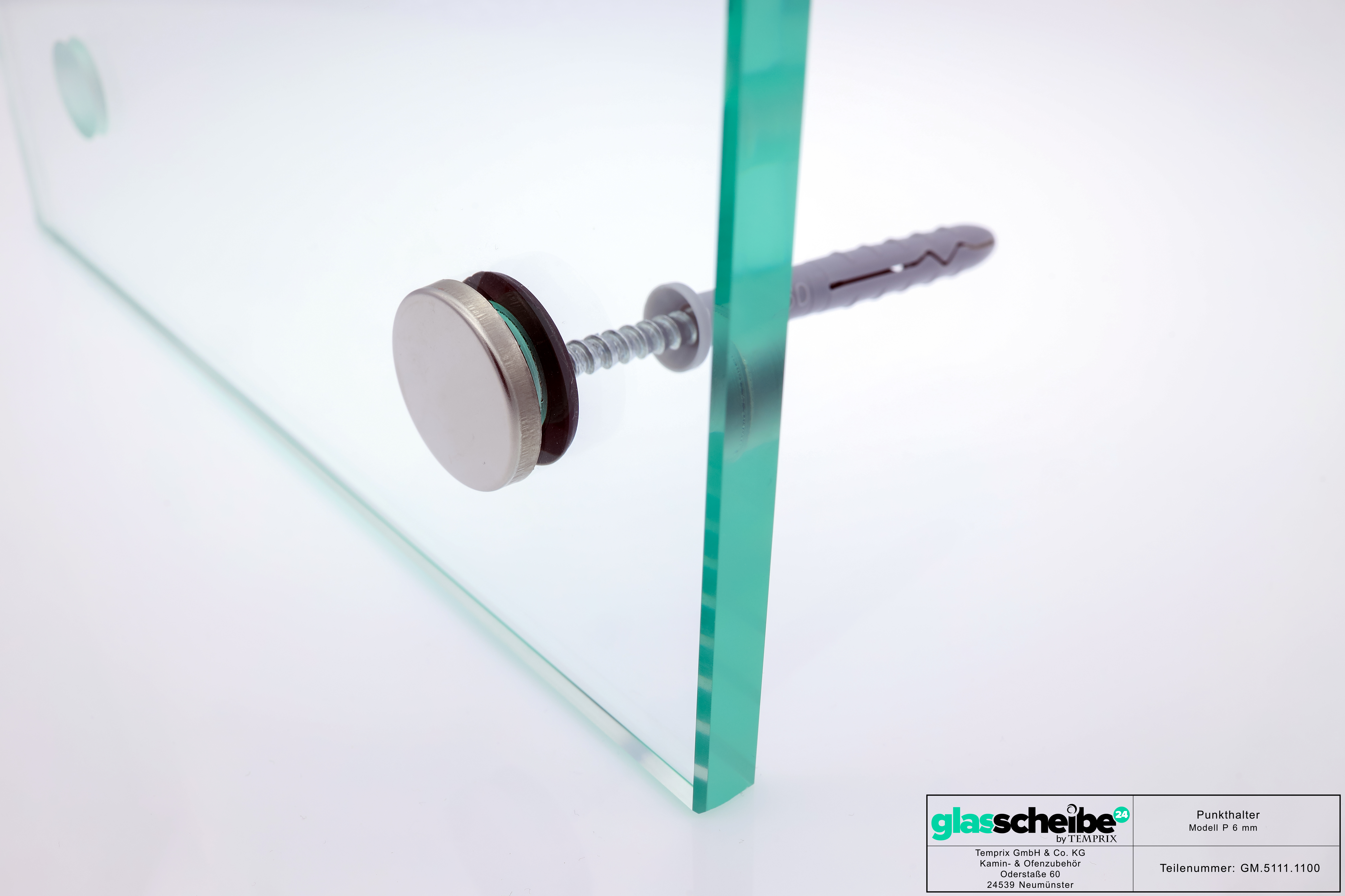 Wandhalter Punto für 6mm Glasplatten ohne Wandabstand  (Größe: 6 mm, Zubehör: Schraube und Dübel, Abstand: ohne)