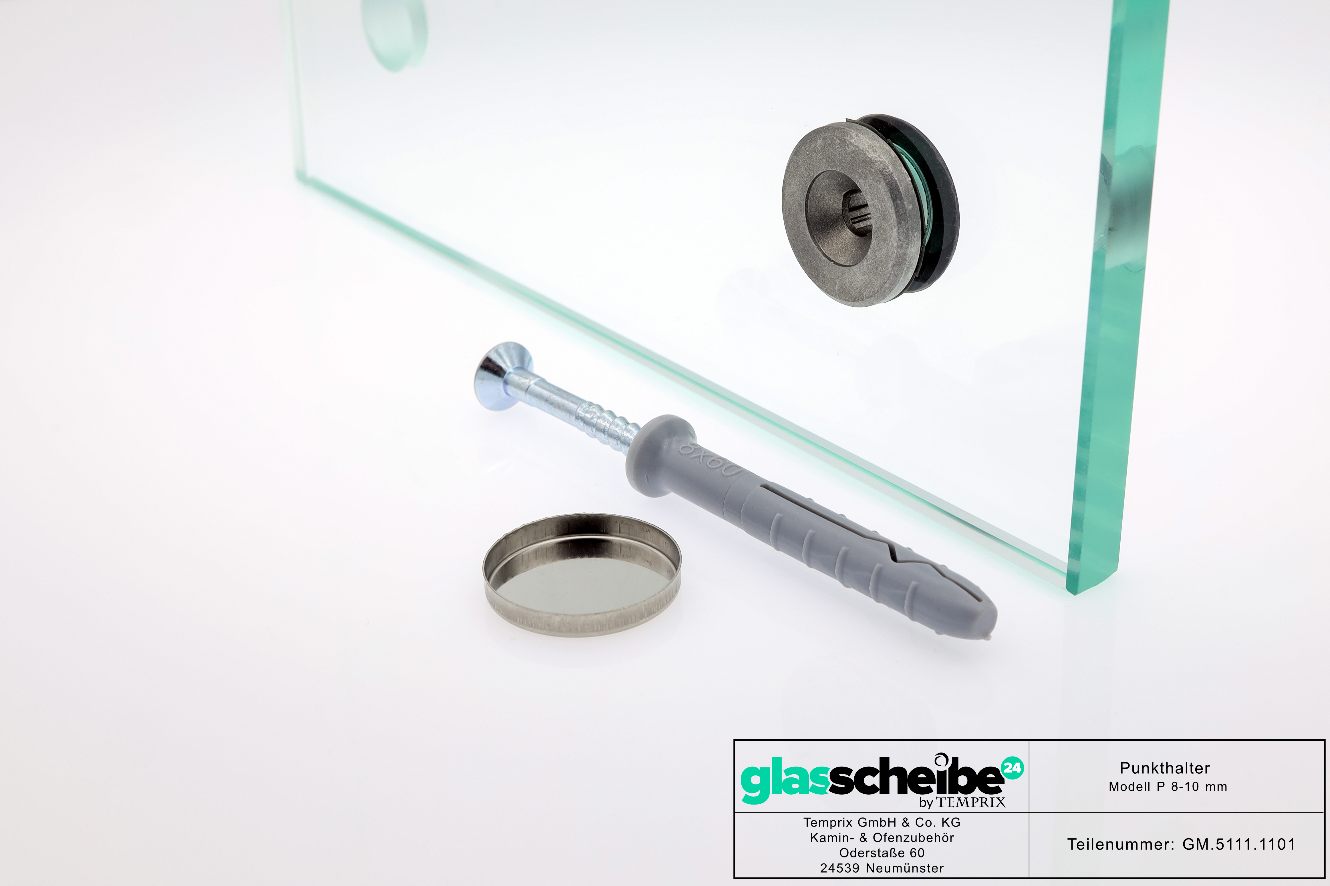 Wandhalter Punto für 8-10mm Glasplatten ohne Wandabstand  (Zubehör: Schraube und Dübel, Größe: 8-10 mm, Abstand: ohne)