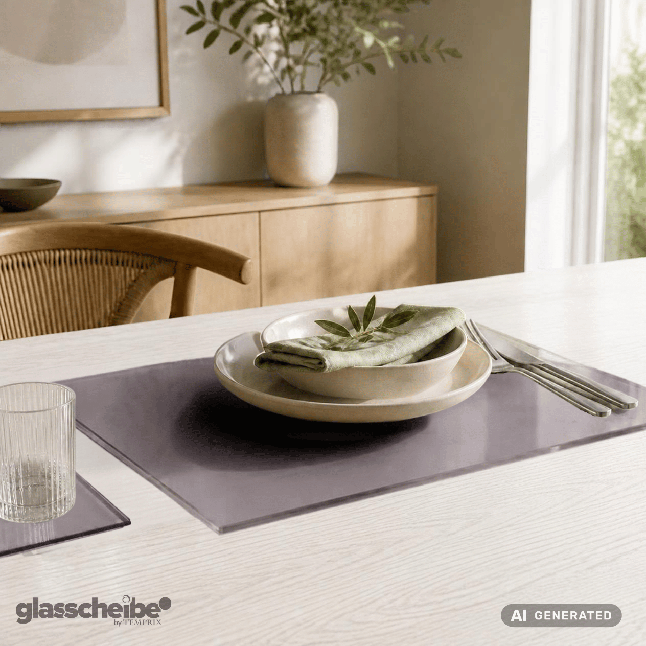 Tischset Grauglas mit sitzen Ecken in 400x30mm